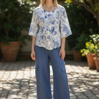 Blue Flower Linen Top