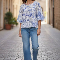 Blue Flower Linen Top