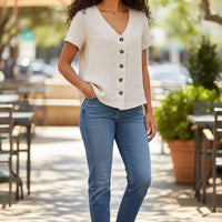 Chemisier Manches Courtes en Lin Beige