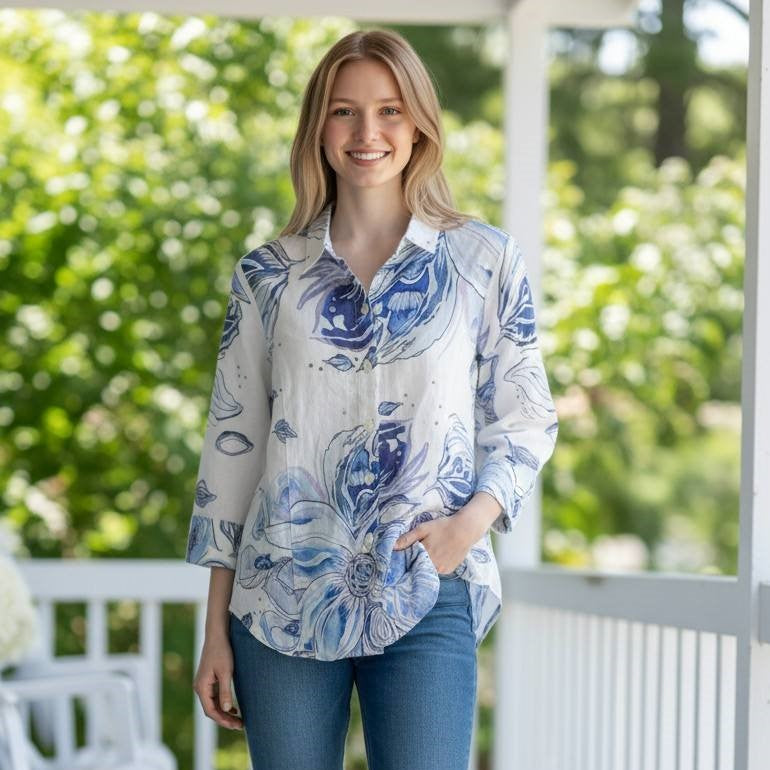 Chemise en lin Fleurie Bleue
