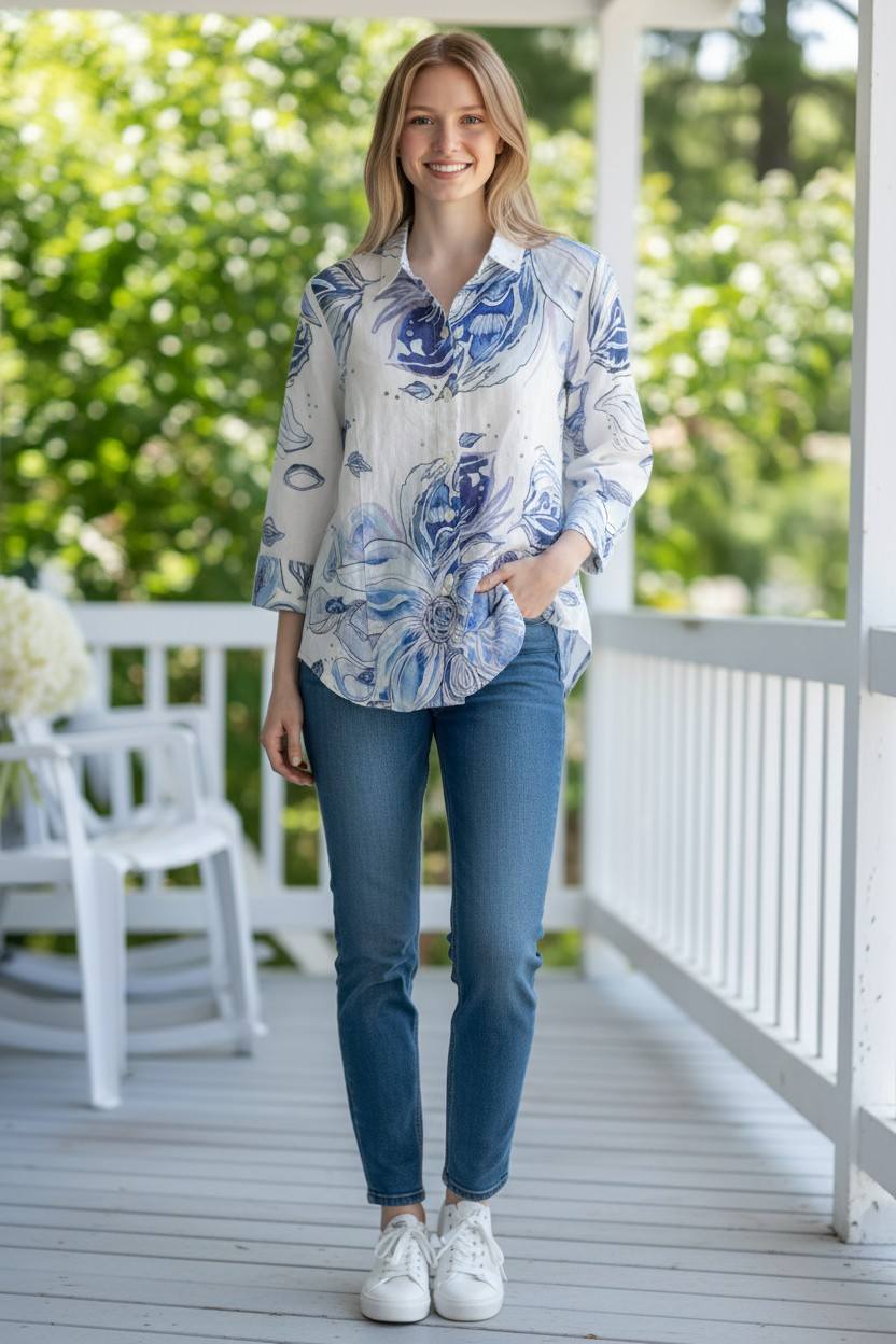 Chemise en lin Fleurie Bleue