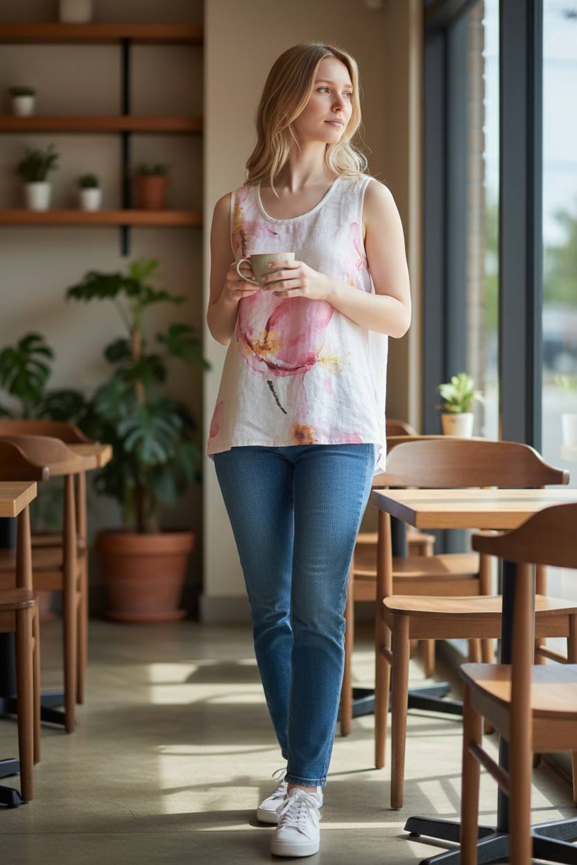 Camisole en Lin Fleurie Rose