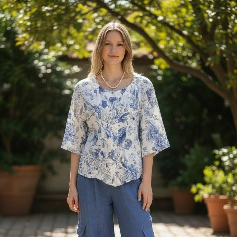 Blue Flower Linen Top