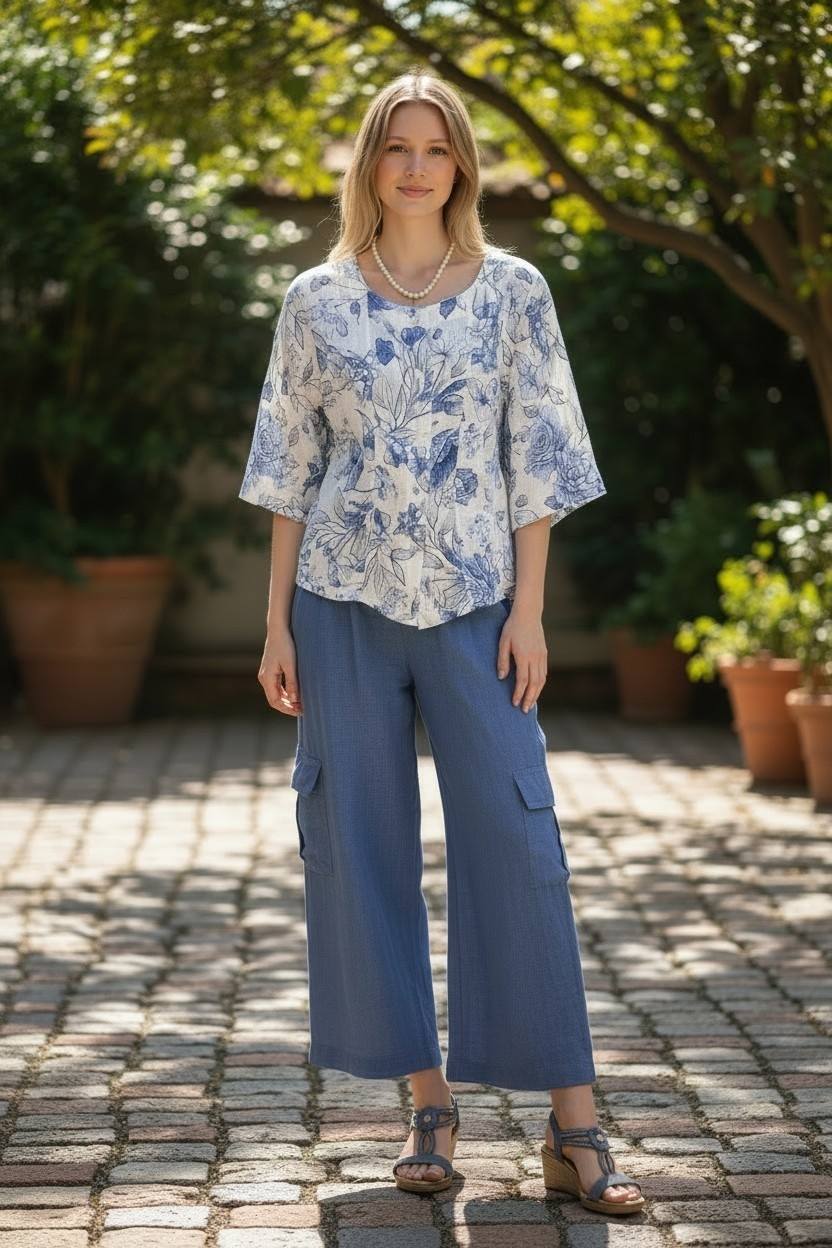 Blue Flower Linen Top