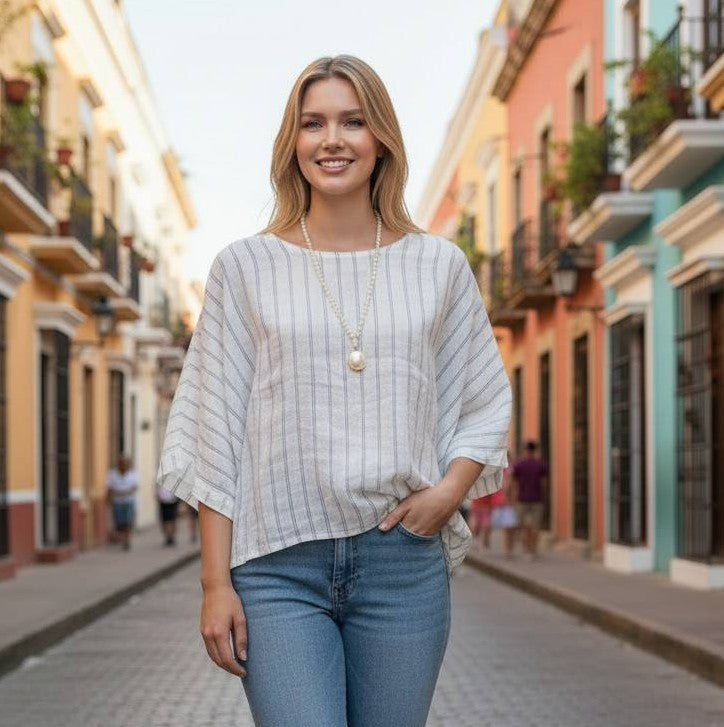 Navy Stripped White Linen Top