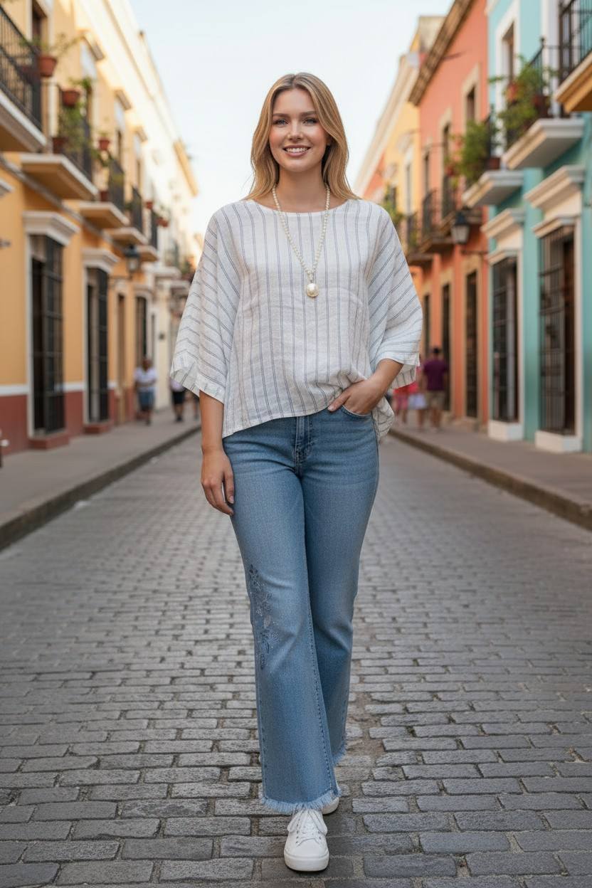 Navy Stripped White Linen Top