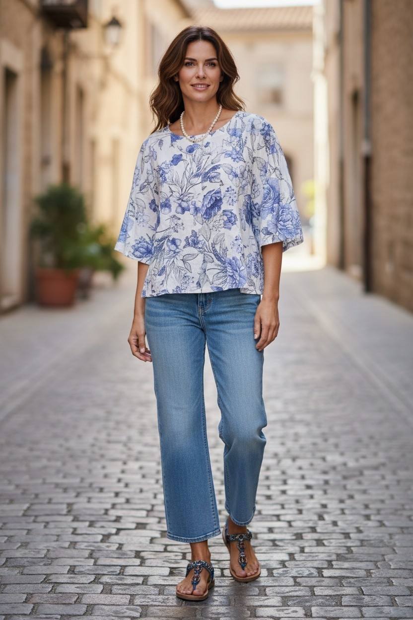 Blue Flower Linen Top