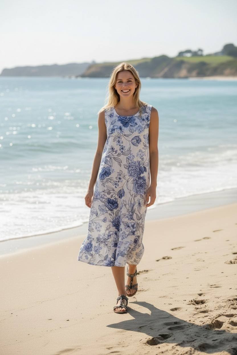 Blue Flowers Linen Dress