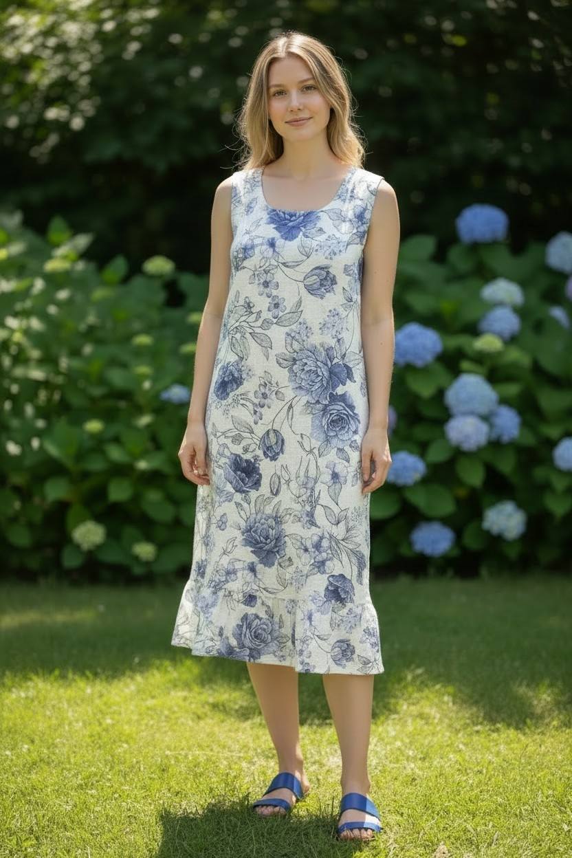 Blue Flowers Linen Dress