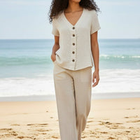 Chemisier Manches Courtes en Lin Beige