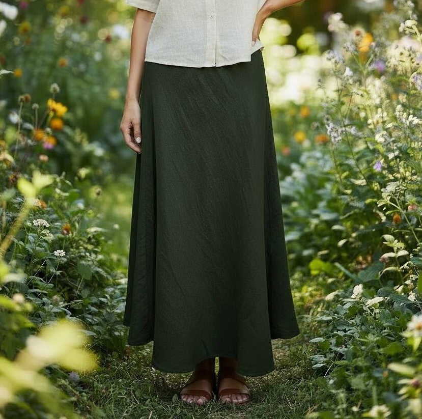 Jupe Midi en Lin Kaki