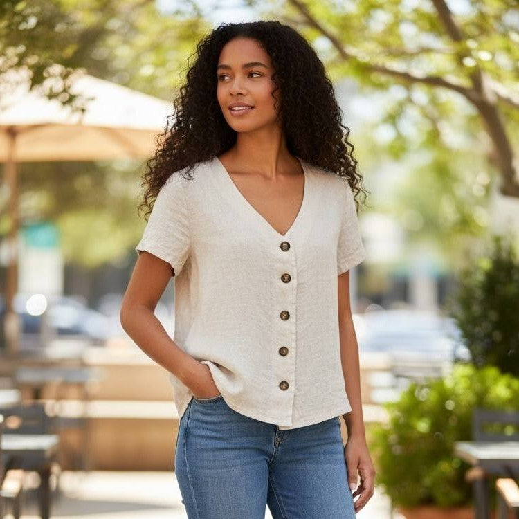 Chemisier Manches Courtes en Lin Beige