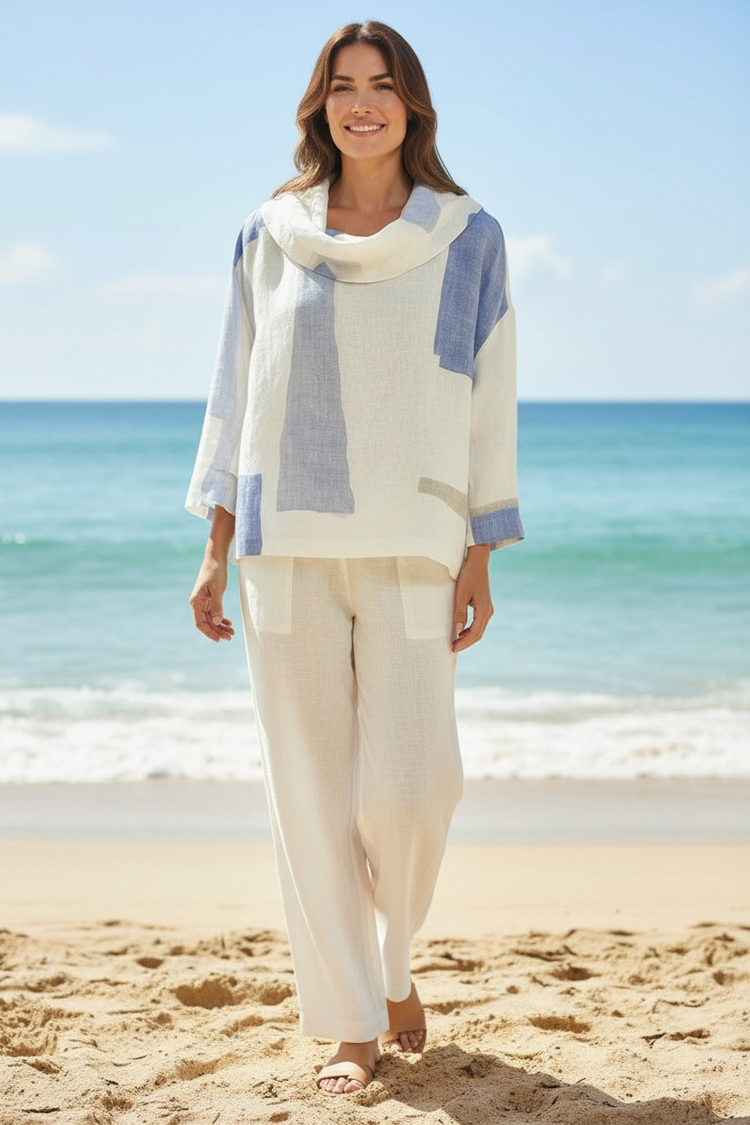 Chemisier en Lin Bleu et Blanc